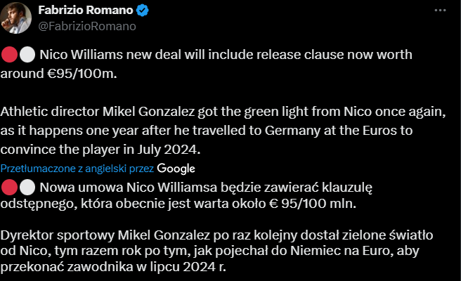 Tyle wynosi NOWA KLAUZULA ODSTĘPNEGO w umowie Nico Williamsa!